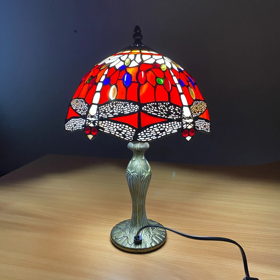 CASPERI Tiffany style Red Dragonfly Table Lamp Antique Stained Glass 10 inch Dome Shade