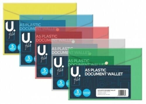 A5 Pack Of 5 Plastic Stud wallet Document Pouches Travelling School Office Files - Picture 6 of 6