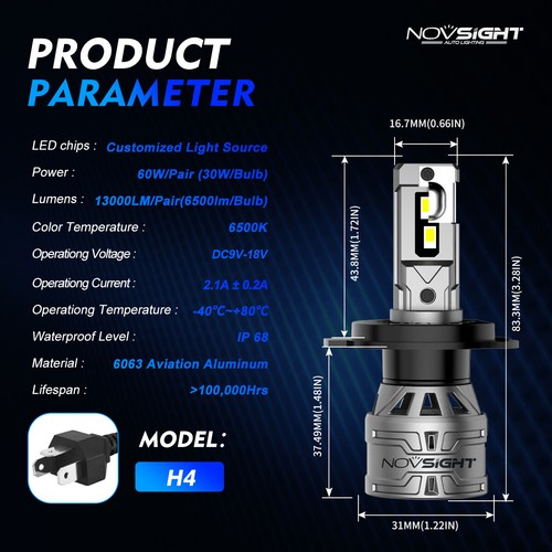 NOVSIGHT H4 LED Headlight Conversion Bulbs Kit H/Low Beams 13000LM Super White - Bild 12 von 12