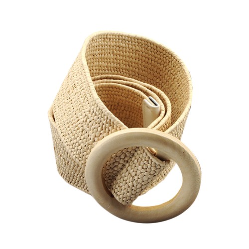 Vintage Boho Braided Waist Belt Round Wooden Smooth Buckle Fake Straw Wide Belt - Foto 5 di 16