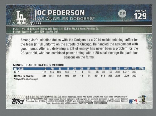 Tarjeta de radiocontrol Joc Pederson 2015 Topps cromada # 129A - Imagen 2 de 4