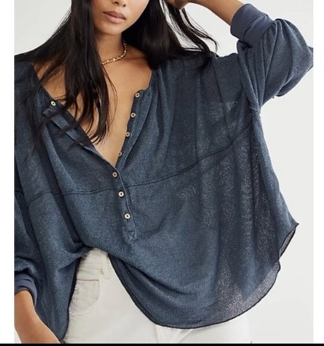 FREE PEOPLE Top Womens XS Scoop Neck Blue Bell Blouse in Poppy Seed Peasant - Picture 1 of 9