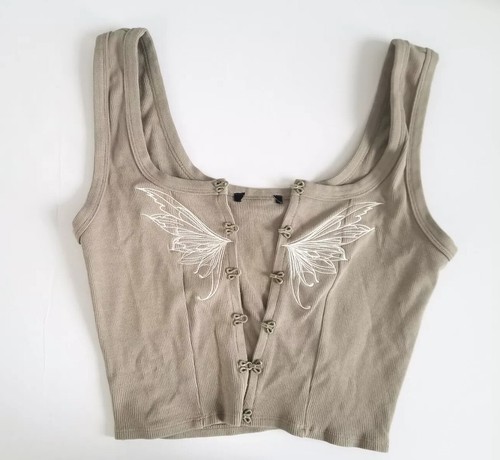 Forever 21 Angel Wings Graphic Cropped Tank Top Olive Green Girls Size M - Picture 3 of 9