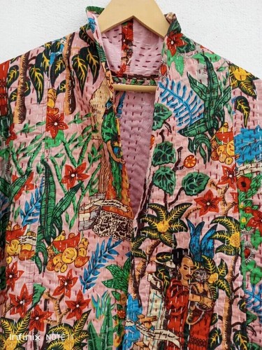 Handmade Kantha Jacket Quilted Short Kimono Women Wear White Frida Khalo pink - Picture 7 of 7