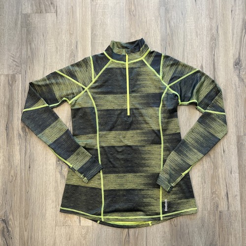 Reebok Donna L 1/4 Zip Pull Over Giallo Neon/Verde Nero Fori Pollice Slim Fit - Foto 2 di 13