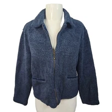 Vtg Dakini Women S Blue Fuzzy Full Zip Pockets Sweater Jacket Corduroy Lining