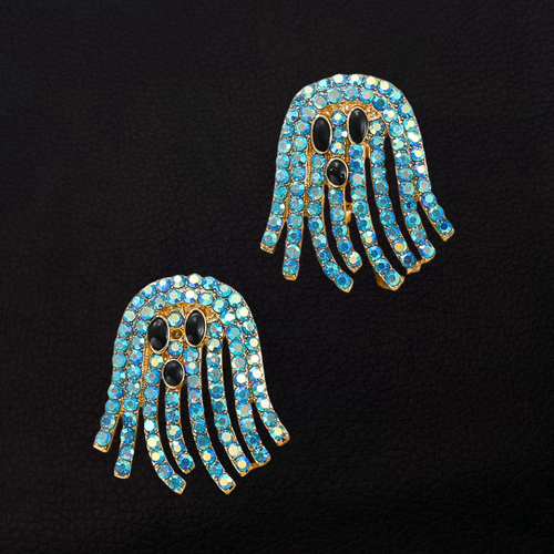 Women's Blue Crystal Rhinestone Halloween Gothic Ghost Stud Earrings - Picture 2 of 3