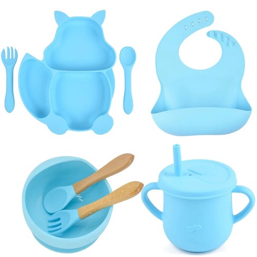 8PCS/Set Baby Sucker Bowl Plate Cup Bibs Spoon Fork Sets Children Feeding Dishes - Picture 22 of 51