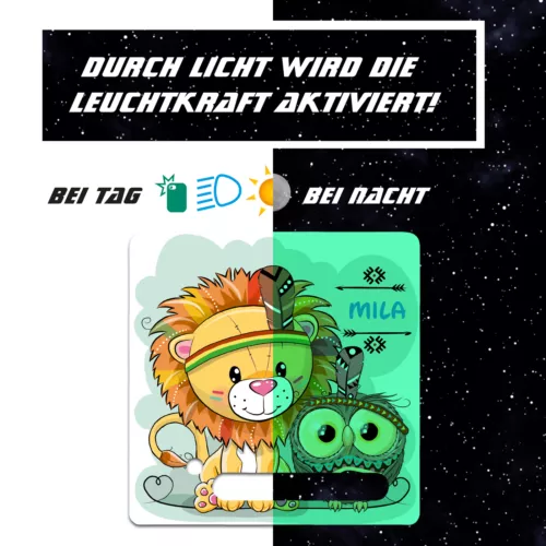 Löwe mit Eule Folie Nachtleuchtend mit Wunschname für Toniebox Aufkleber Y031-46