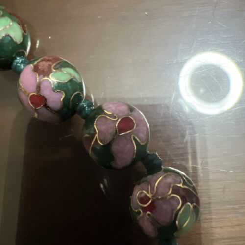 Cloisonné Enamel Floral Old Chinese Bead Necklace Filigree Silver Vermeil 28” - Picture 2 of 13