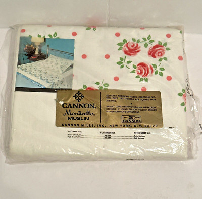 Vintage CANNON Monticello Muslin Full Flat Sheet White Pink Rose Dream MCM USA