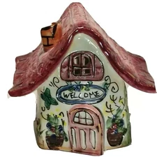 Handmade Pottery Cottage Tea Light Holder Hand Painted 4.75" Tall x 5.25" Wide 