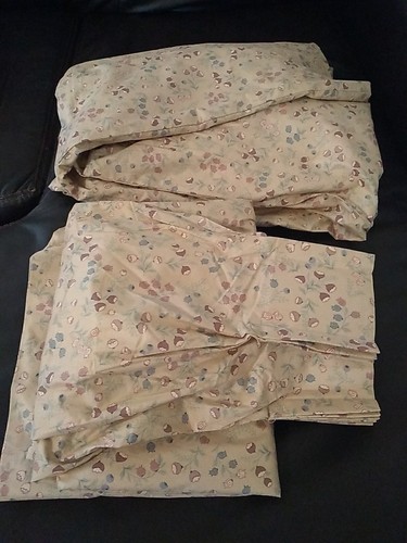 Pinch pleat Curtains Lined Beige Floral Cottage Style 2 Panels Handmade - Picture 5 of 8