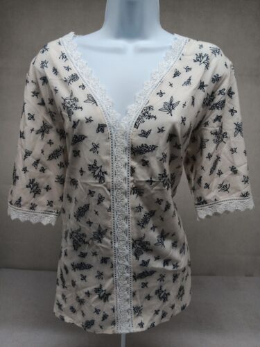 IVORY & BLACK WOMENS XL CROCHET FRONT NECK SLEEVE SHORT SLEEVE BLOUSE NWT