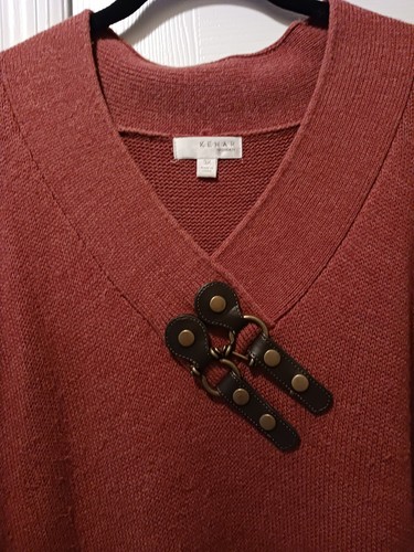 Kenar Woman Long Sleeve VNeck Acrylic Leather Belt Detail Tunic Sweater Rust 3X - Picture 3 of 6