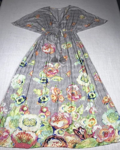 Weltmarkt Heidegrau Blumenmuster V-Ausschnitt Dolman Boho Maxikleid S/M - Bild 10 von 14