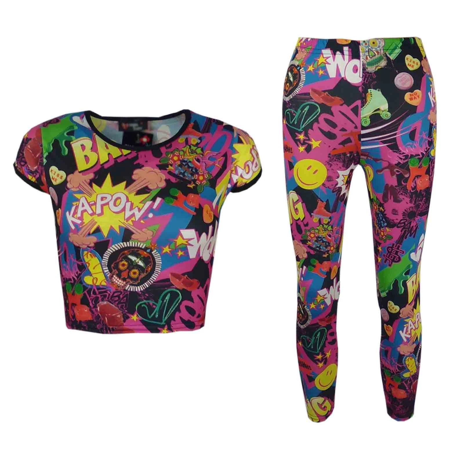 Girls Comic Print Crop Top & Pink Legging Set