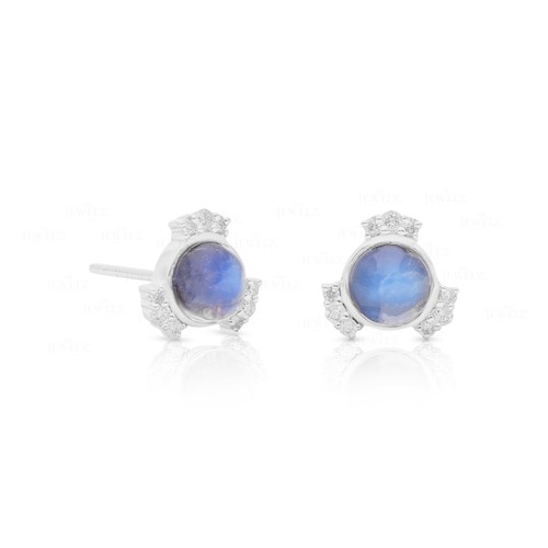 VS/F-G Diamond 14K Gold Moonstone Stud Earrings - The Jewelz - Picture 6 of 6