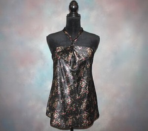 Cato-Women-039-s-Halter-Top-Size-Medium-Black-Silky-Polyester-Floral-Print-Blouse