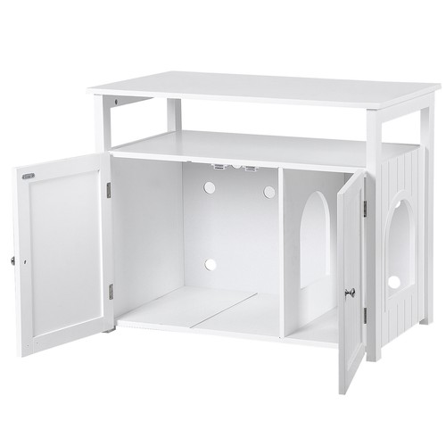 Cat Litter Box Enclosure Hidden Furniture w/ Divider Storage Cabinet Bench White - Picture 17 of 24