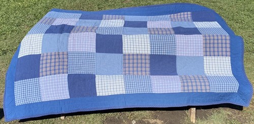Patchwork Twin Quilt Plaid Blue Multicolor Cotton 83x62” VGC - Picture 3 of 15