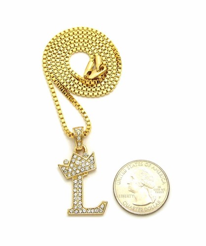 Iced 14K Gold plated King Crown Letter "L" Pendant & 24" Box Chain Necklace - Bild 1 von 4