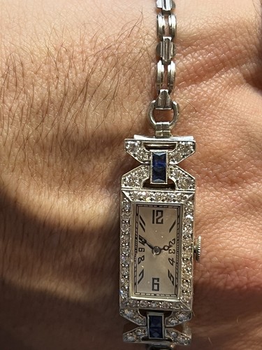 Vtg 1920's Art Deco E. Huguenin Sparkling Diamond Sapphire 18kt White Gold Watch - Picture 11 of 18
