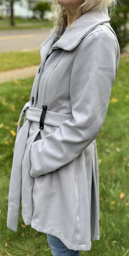 Steve Madden Women's Gray Tie Waist Button Trench Dress Coat Jacket Size Large - Picture 4 of 14