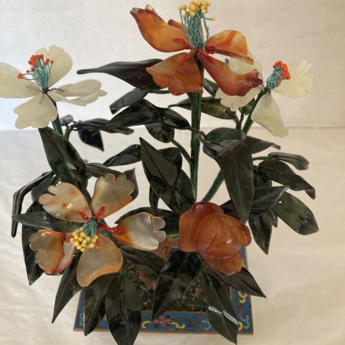 Vintage Chinese Jade Hardstone Tree Plant In Cloisonne Pot Rectangular - Picture 3 of 15