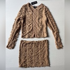 PrettyLittleThings Set of 2 Y2K Petite Taupe Textured Jersey Mini Skirt and Top