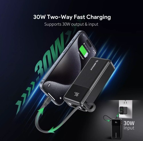 ESOULK Power Bank 10000mah 30W Bulit-In USB-C Cable | Black - 第 3/5 張圖片