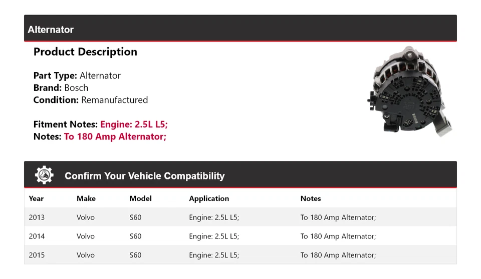 Alternador Bosch para Volvo S60 2013-2015 2,5 L L5 (remanufacturado) 2014 Foto 2 de 4