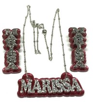 Matching Necklace and Earrings Name Plate Custom Personalized With Diamond Look