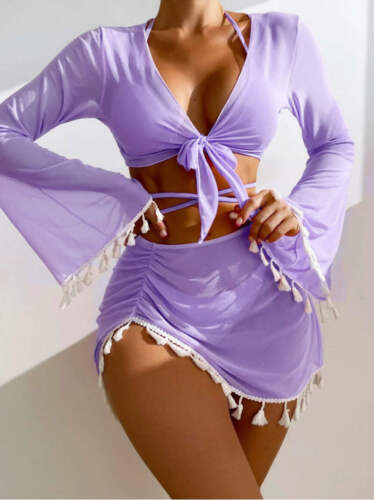 4pcs Solid Color Bikini With Short Skirt And Long Sleeve Cover-up Fashion Bow Ti - Picture 26 of 36