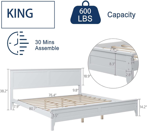 King Size Wood Platform Bed Frame with Country Style Headboard & Footboard, S... - Picture 12 of 12