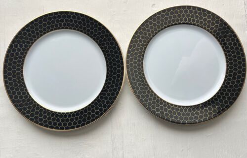 Williams Sonoma Honeycomb 10.5" Dinner Plates Set of 2 New Black Gold Portugal