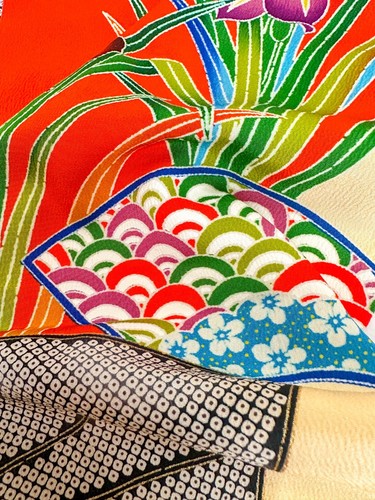 Vintage Kimono Stoff ausgewählt aus Furisode 43”x14” mehrfarbige Basis v417 - Bild 10 von 10