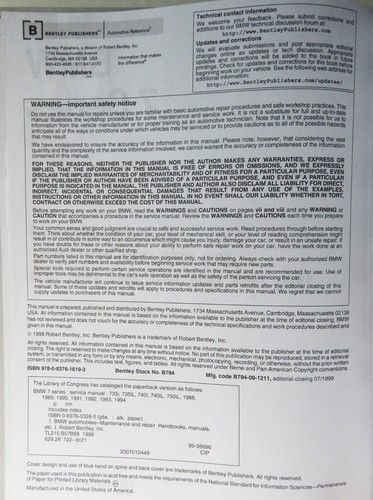 1988-1994 BMW 735i 735iL 740i 740iL 750 Bentley Repair Service Manual HC LN - Picture 4 of 14