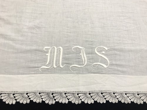 Vintage 100% Cotton White Pillow Cover with Trim Monogrammed "MJS" (RF752) - Picture 1 of 12