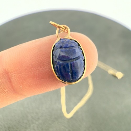 EGYPTION REVIVAL 🩵 14K GOLD 🩵 LAPIS LAZULI DAINTY SCARAB CHARM BEETLE NECKLACE - Picture 1 of 22