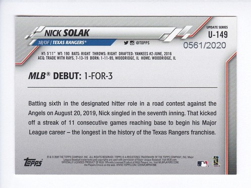 Topps Update Series 2020 #U-149 Nick Solak RD/2020 dorado paralelo debut novato - Imagen 2 de 3