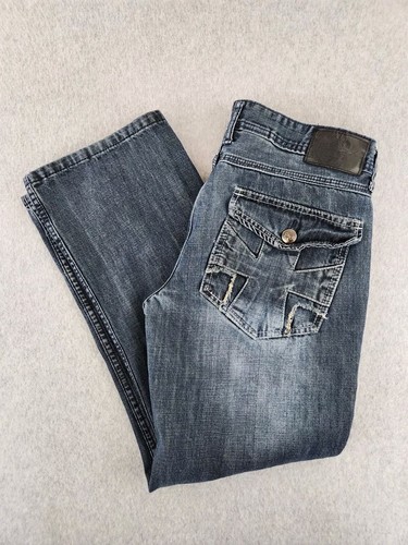 Helix Slim Boot Jeans Mens 34x30 Wide Embroidered Cross Pocket Medium Dark Denim