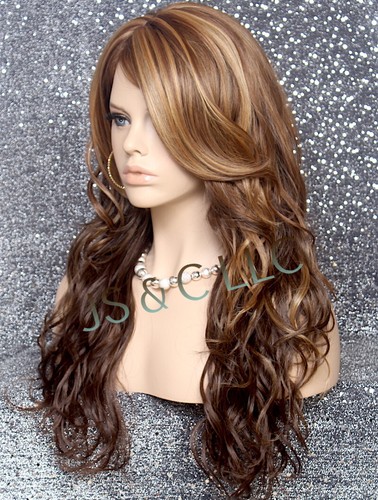Human Hair Blend Full Wig Wavy Caramel Brown mix Long Heat OK Layered 8-12 RCLA - Picture 5 of 7