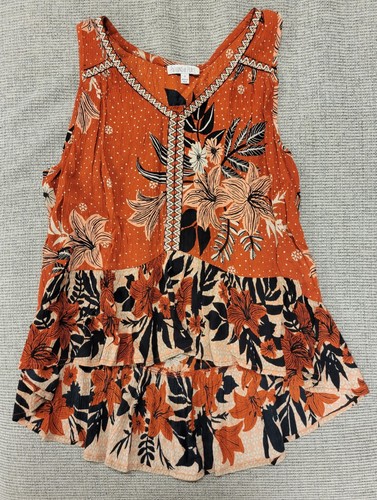 Patrons of Peace Sleeveless Hi Low Tank Blouse Woman Sz S Boho Floral Earthtones - Picture 3 of 6