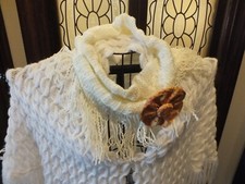 Upcycled Infinity Cowl Scarf Handmade Removeable Flower Off White 22x20"