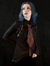 gothic clothing Raven SDL  black  Cotton Mix Shirt Tartan Tie With Chain Size S