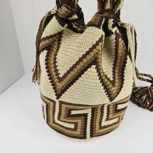 Wayuu MOCHILA Bag Tan & Brown Hand-Woven Colombian Bohemian Hobo Purse - Picture 7 of 10
