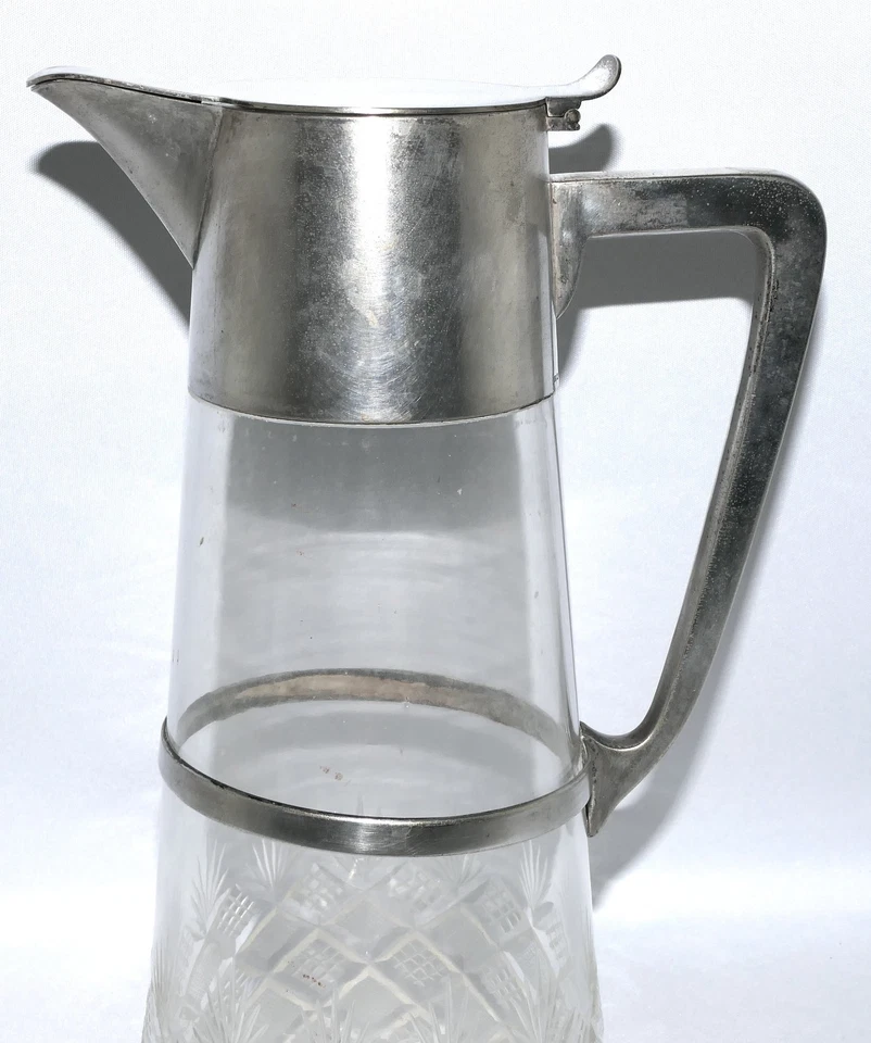WMF Jugendstil Glas Karaffe geom. Schliff Montur Neusilber Wein Kanne H. 28 cm - Bild 3 von 4