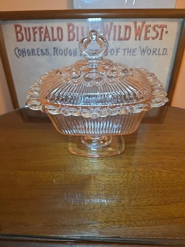 Vintage Pink Depression Glass "Old Colony" Lace Edge Candy Dish with Lid -...