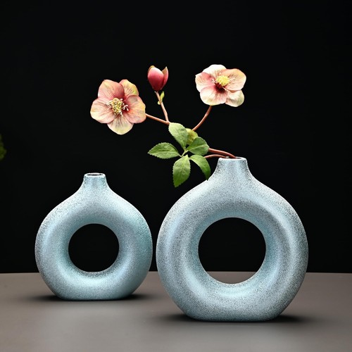 Set of 2 Donut Hollow Ceramic Vase Handmade Minimalist Boho ins Style, Modern... - Picture 4 of 7